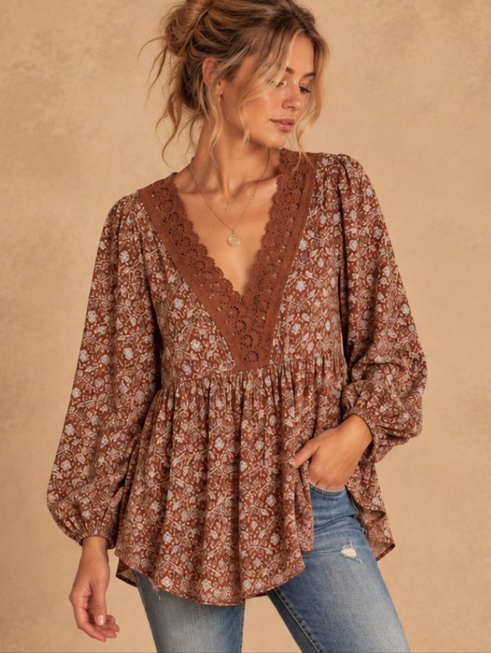 Hailey & Co Boho Paisley Lace Trim Peasant Tunic Blouse Large EUC